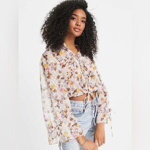 ASOS DESIGN Long Sleeve Front Tie‎ Top In Dobby Mesh In Muted Floral Size 12